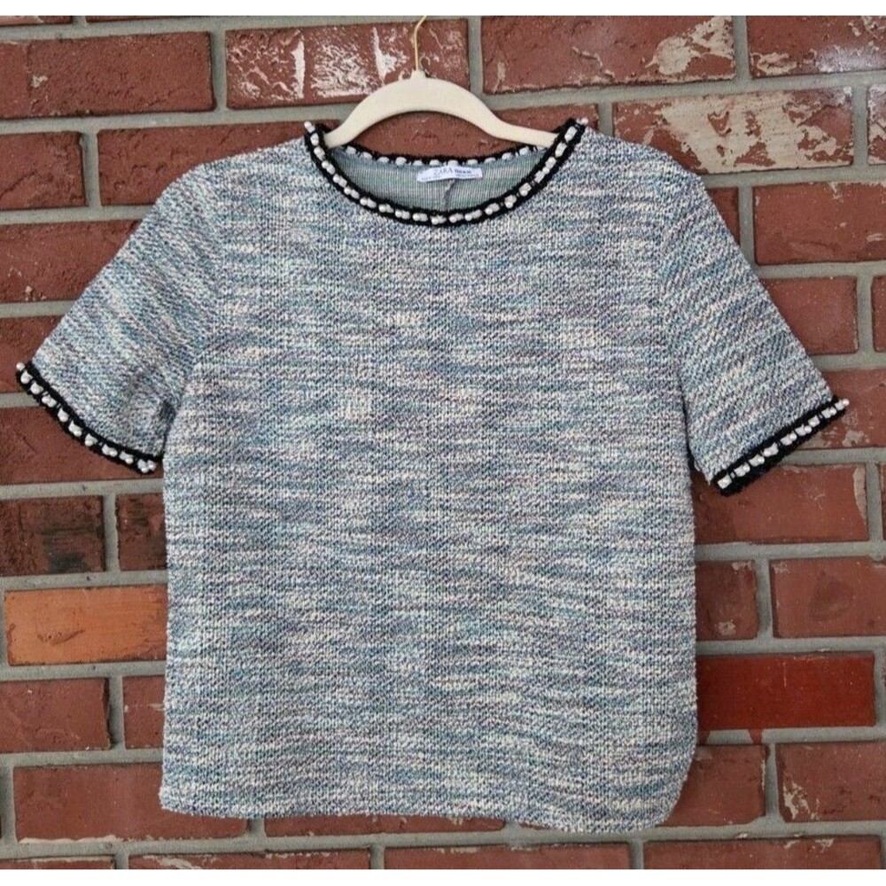 ZARA Trafaluc Tweed‎ Knit Swester Top with Pearl Neckline & Sleeves size M NEW